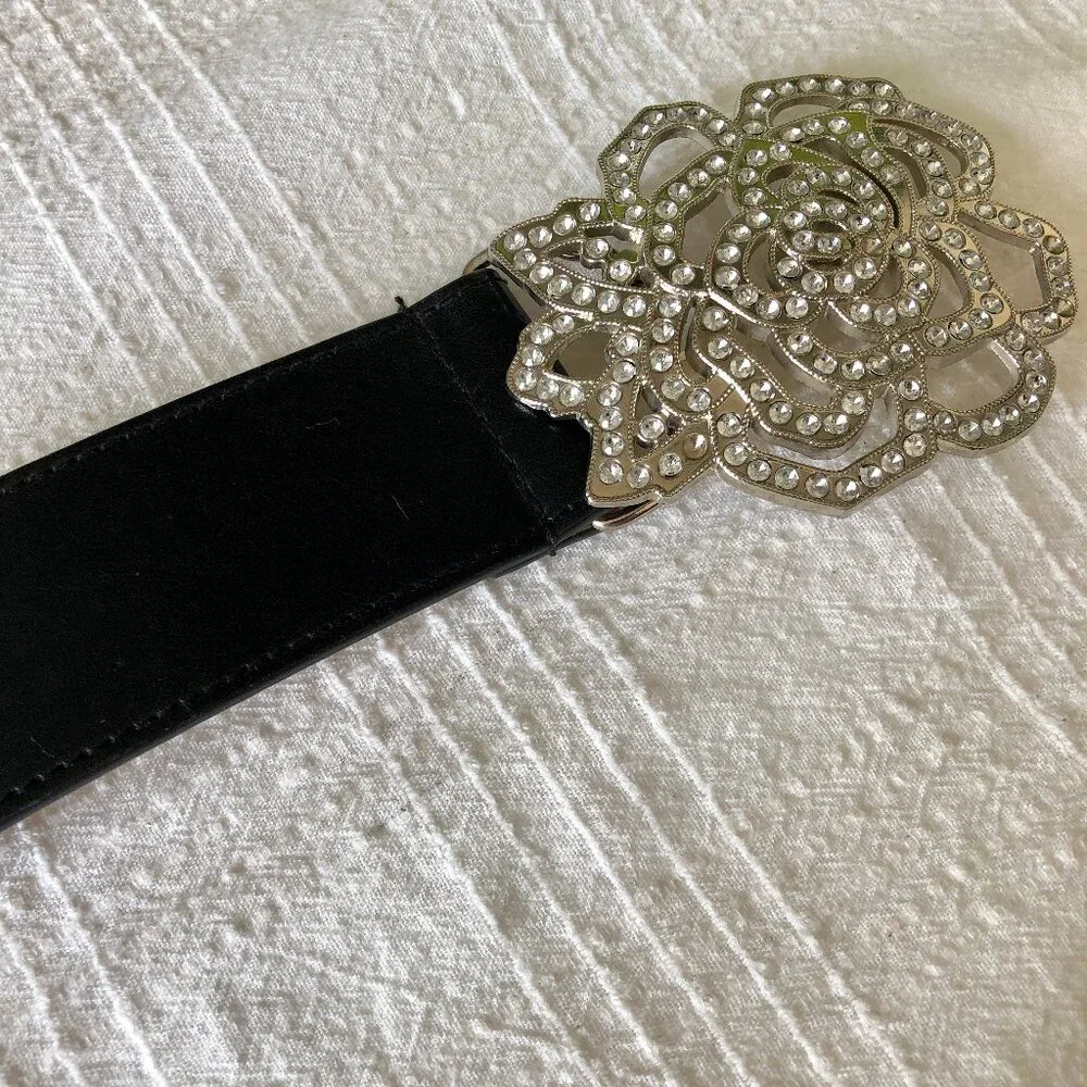 Black Faux Leather (Vegan) Belt with Large Rhinestone Rose Buckle, Size Small